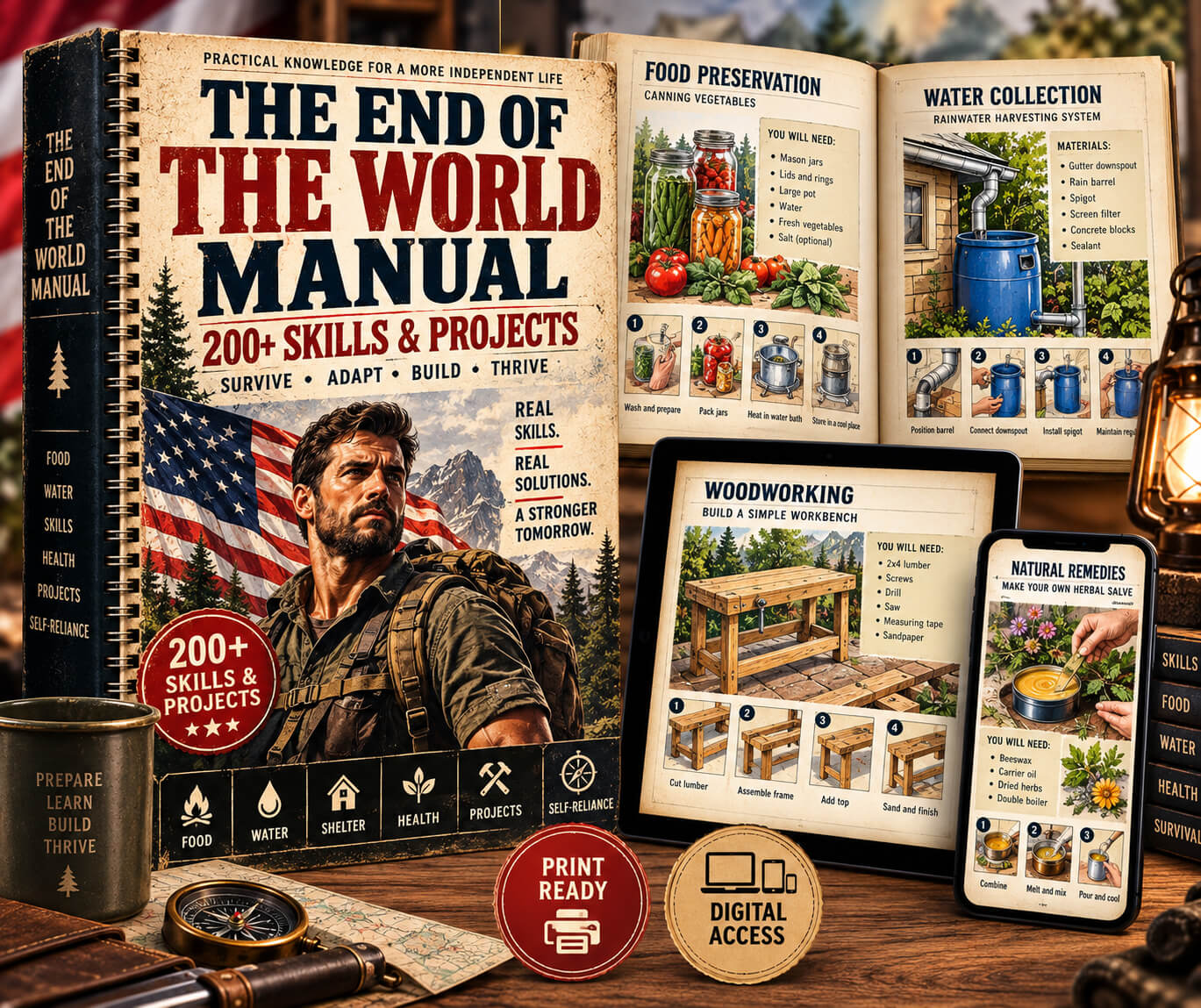 The End of the World Manual shown with illustrated pages, tablet, and phone